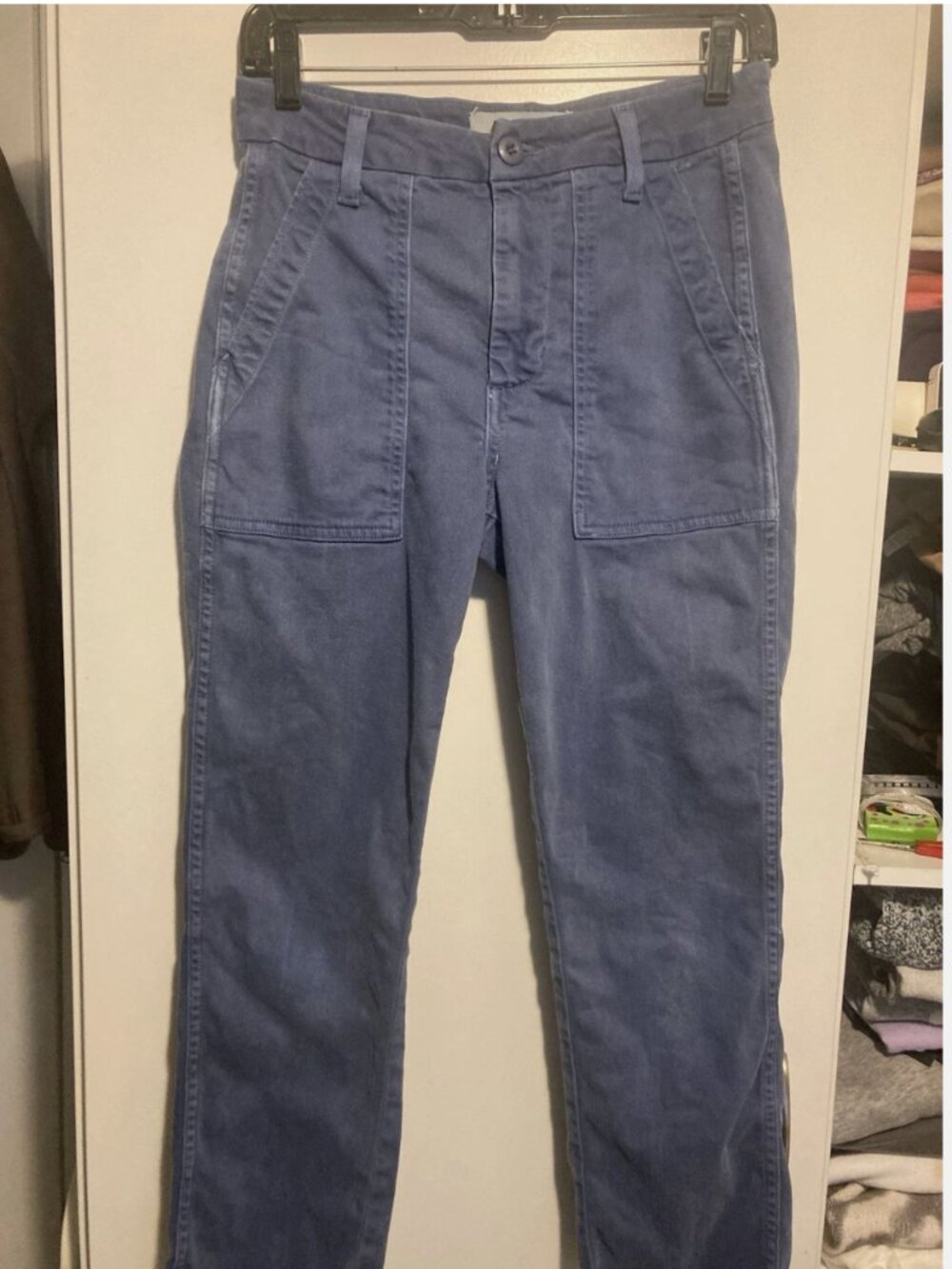 AMO Womens Easy Army Trouser Pant Size 24 Indigo Raw Hem Pockets Crop Straight